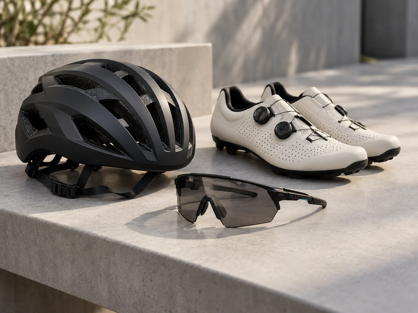 Casco, gafas y zapatillas de ciclismo — imagen ilustrativa