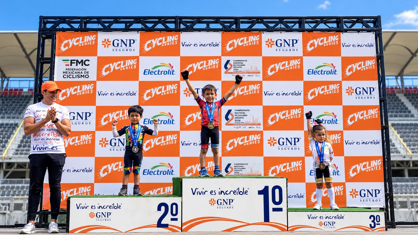 Niños celebrando sus logros en un podio de ciclismo