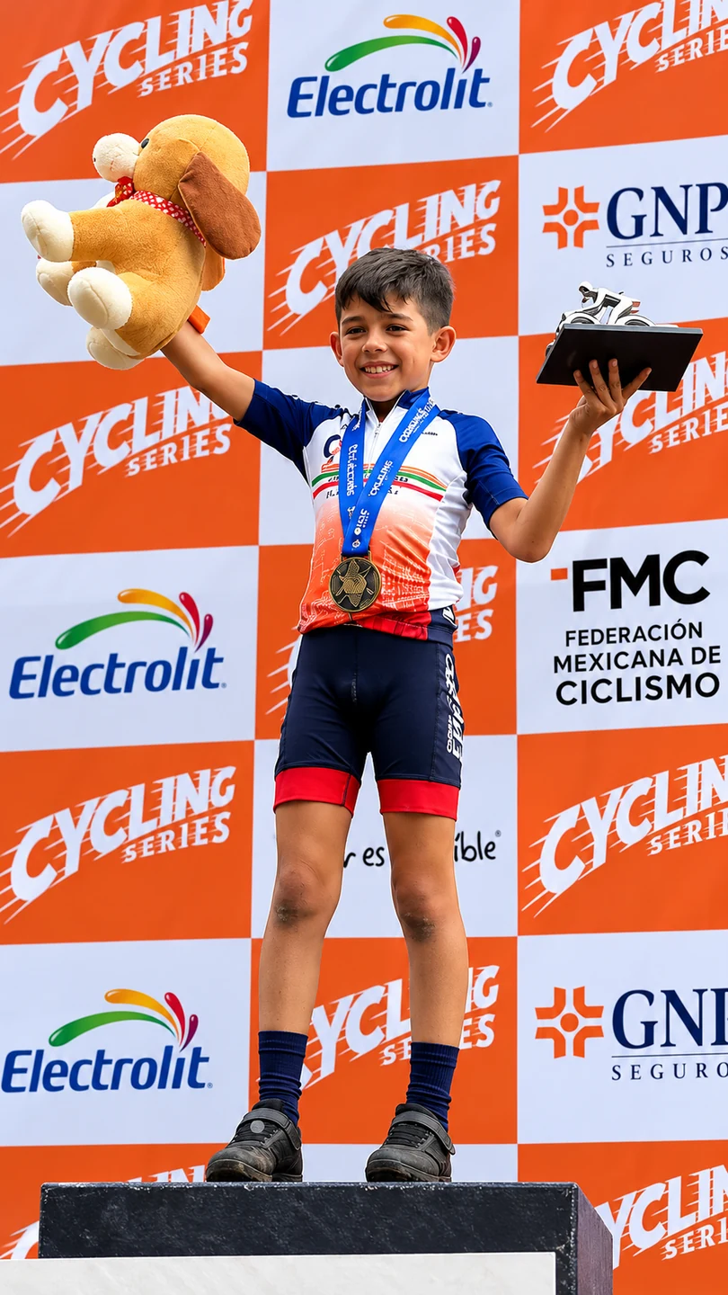 Niño con medalla y trofeo celebrando un logro deportivo
