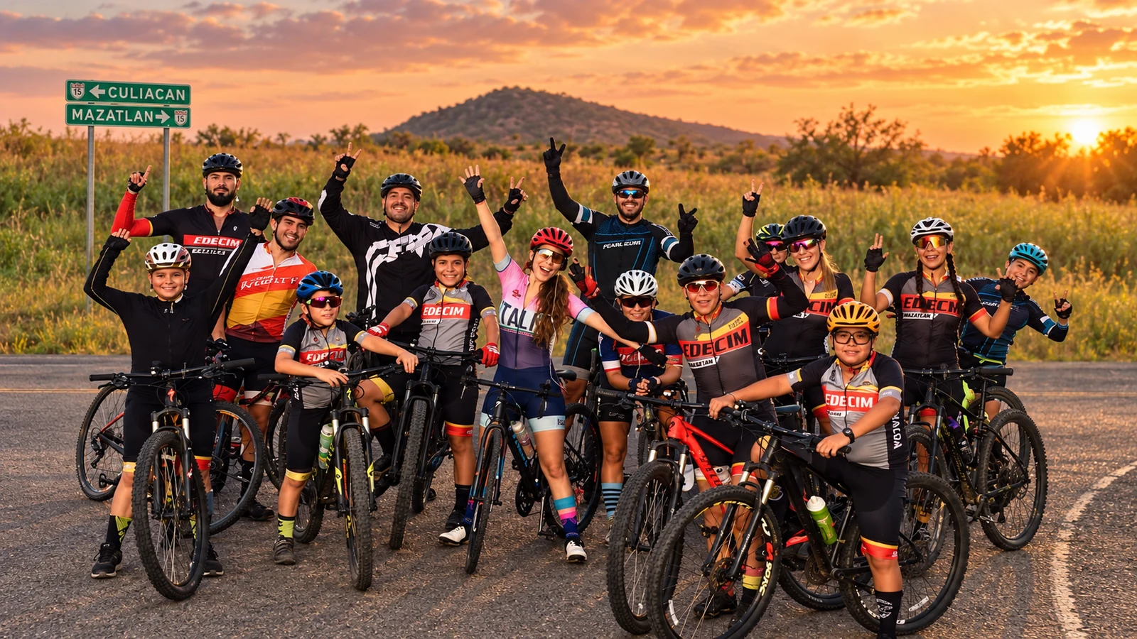 Niños y adultos compartiendo una salida en bicicleta al atardecer
