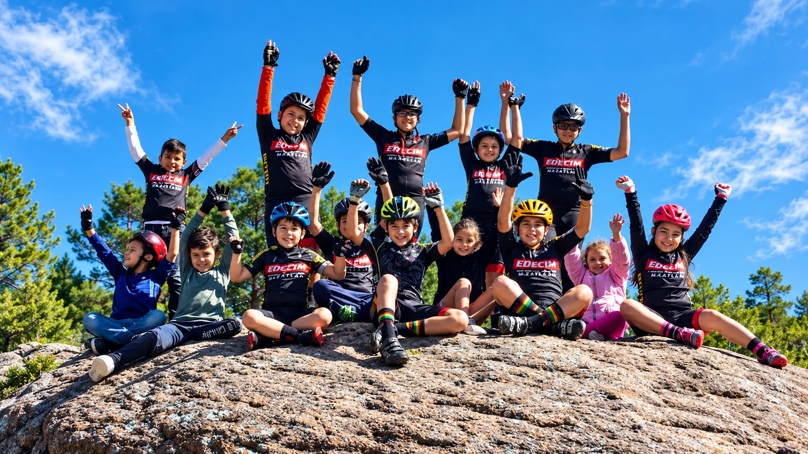 Grupo infantil celebrando una aventura al aire libre